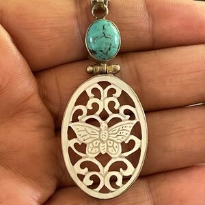 Turquoise and Silver MOP Butterfly Filigree Pendant Only .925 Jewelry